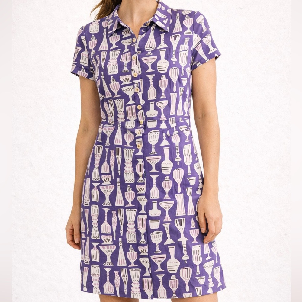 Boden Novelty‎ Print Shirt Dress Purple Cotton Button Front Short Sleeve US 2